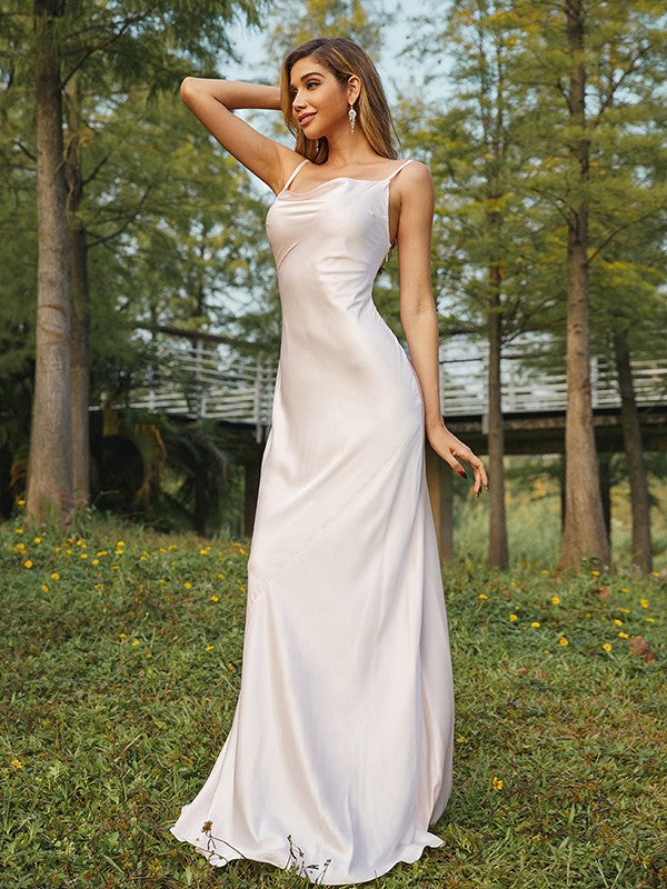 Wholesa Sheath/Column Woven Satin Ruched Spaghetti Straps Sleeveless Sweep/Brush Train Bridesmaid Dresses