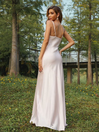 Wholesa Sheath/Column Woven Satin Ruched Spaghetti Straps Sleeveless Sweep/Brush Train Bridesmaid Dresses