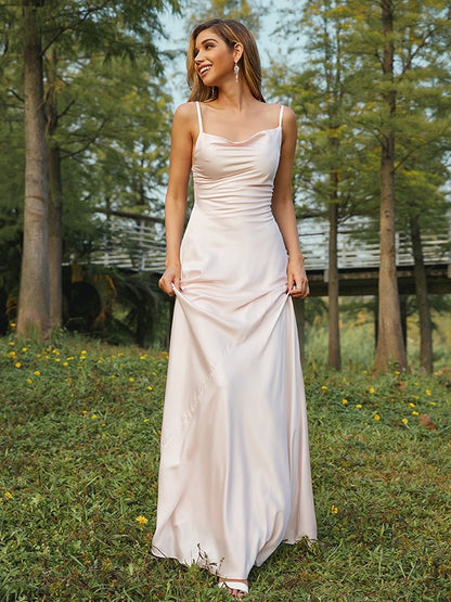 Wholesa Sheath/Column Woven Satin Ruched Spaghetti Straps Sleeveless Sweep/Brush Train Bridesmaid Dresses