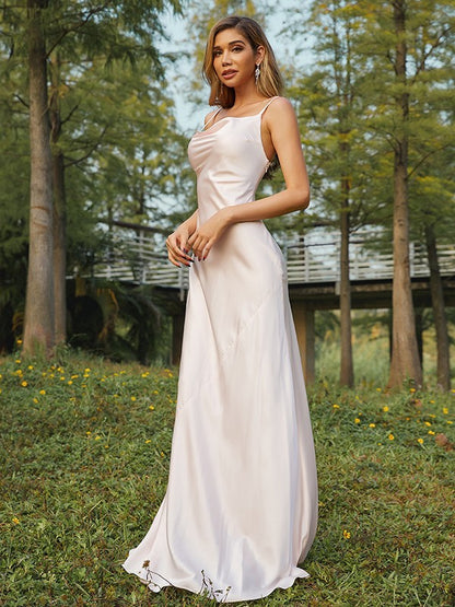 Wholesa Sheath/Column Woven Satin Ruched Spaghetti Straps Sleeveless Sweep/Brush Train Bridesmaid Dresses