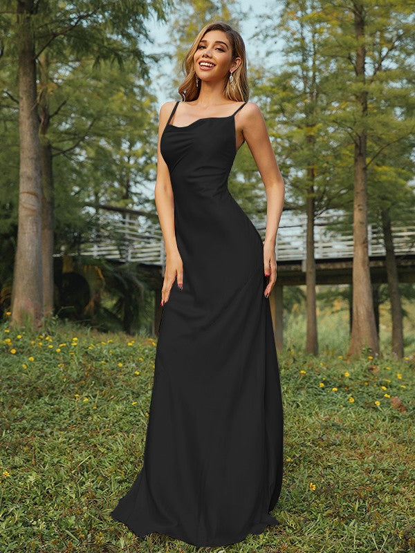 Wholesa Sheath/Column Woven Satin Ruched Spaghetti Straps Sleeveless Sweep/Brush Train Bridesmaid Dresses