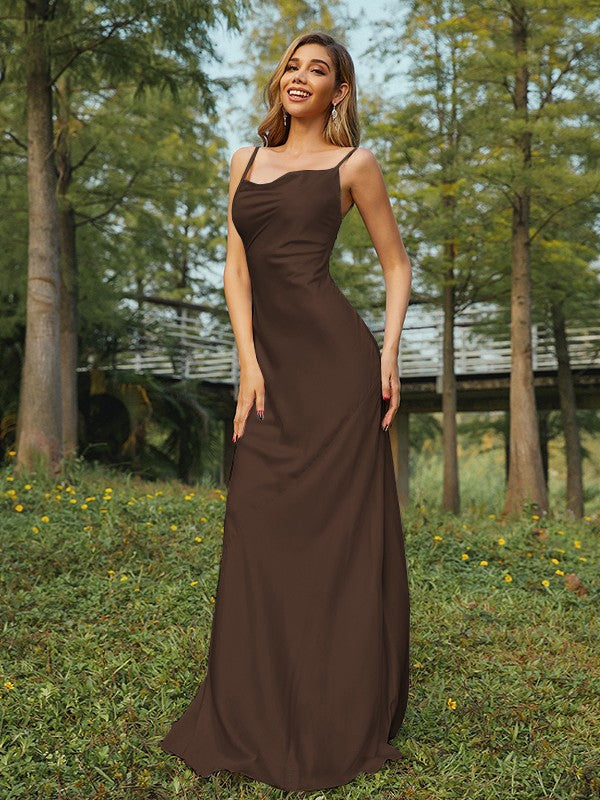 Wholesa Sheath/Column Woven Satin Ruched Spaghetti Straps Sleeveless Sweep/Brush Train Bridesmaid Dresses