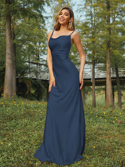 Wholesa Sheath/Column Woven Satin Ruched Spaghetti Straps Sleeveless Sweep/Brush Train Bridesmaid Dresses