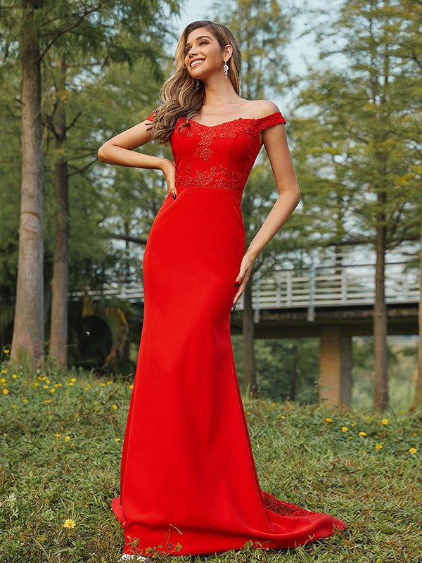 Wholesa Sheath/Column Jersey Applique Off-the-Shoulder Sleeveless Sweep/Brush Train Bridesmaid Dresses