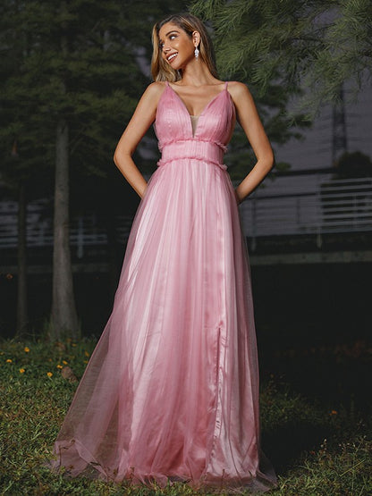 Wholesa A-Line/Princess Tulle Ruffles V-neck Sleeveless Sweep/Brush Train Bridesmaid Dresses