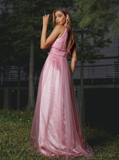 Wholesa A-Line/Princess Tulle Ruffles V-neck Sleeveless Sweep/Brush Train Bridesmaid Dresses