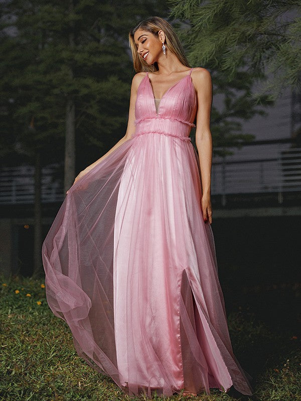 Wholesa A-Line/Princess Tulle Ruffles V-neck Sleeveless Sweep/Brush Train Bridesmaid Dresses