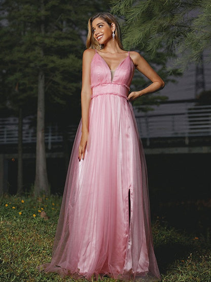 Wholesa A-Line/Princess Tulle Ruffles V-neck Sleeveless Sweep/Brush Train Bridesmaid Dresses