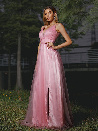 Wholesa A-Line/Princess Tulle Ruffles V-neck Sleeveless Sweep/Brush Train Bridesmaid Dresses