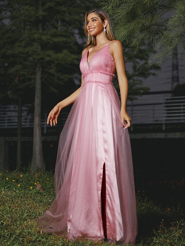 Wholesa A-Line/Princess Tulle Ruffles V-neck Sleeveless Sweep/Brush Train Bridesmaid Dresses