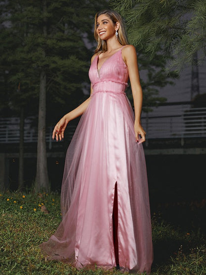 Wholesa A-Line/Princess Tulle Ruffles V-neck Sleeveless Sweep/Brush Train Bridesmaid Dresses