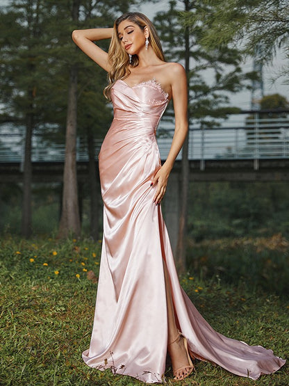 Wholesa Sheath/Column Silk like Satin Ruched Sweetheart Sleeveless Sweep/Brush Train Bridesmaid Dresses