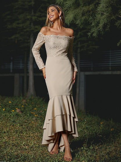 Wholesa Trumpet/Mermaid Stretch Crepe Lace Off-the-Shoulder Long Sleeves Asymmetrical Bridesmaid Dresses