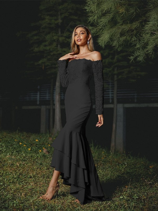 Wholesa Trumpet/Mermaid Stretch Crepe Lace Off-the-Shoulder Long Sleeves Asymmetrical Bridesmaid Dresses