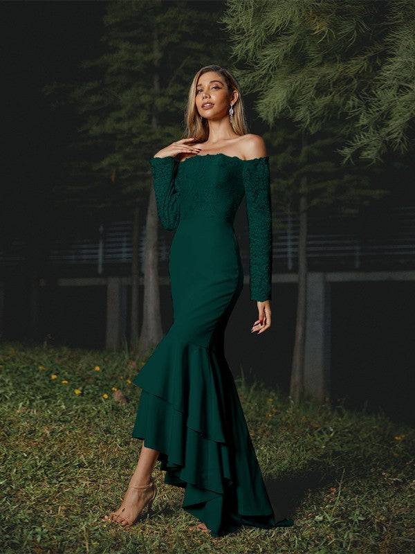 Wholesa Trumpet/Mermaid Stretch Crepe Lace Off-the-Shoulder Long Sleeves Asymmetrical Bridesmaid Dresses