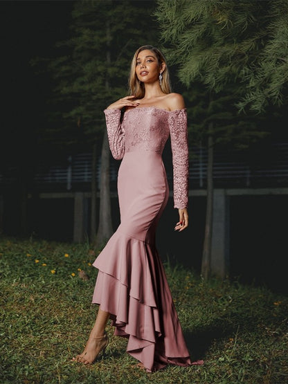 Wholesa Trumpet/Mermaid Stretch Crepe Lace Off-the-Shoulder Long Sleeves Asymmetrical Bridesmaid Dresses