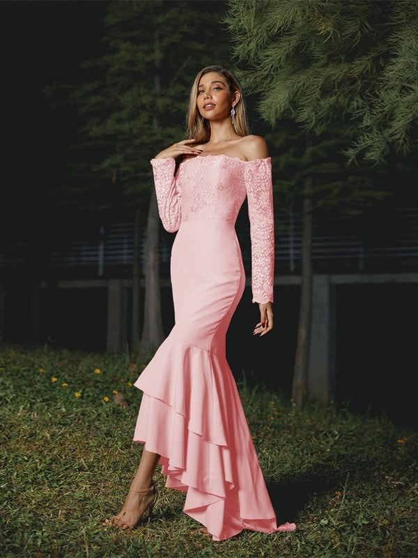 Wholesa Trumpet/Mermaid Stretch Crepe Lace Off-the-Shoulder Long Sleeves Asymmetrical Bridesmaid Dresses