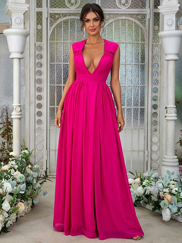 Wholesa A-Line/Princess Chiffon Ruffles V-neck Sleeveless Floor-Length Bridesmaid Dresses