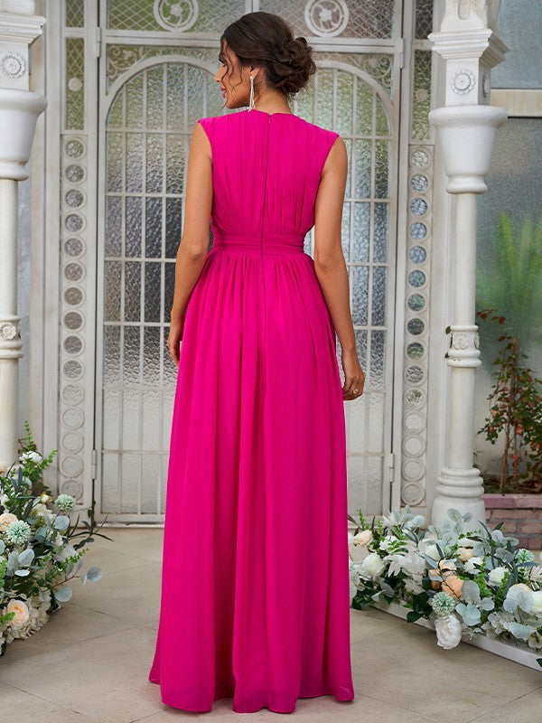 Wholesa A-Line/Princess Chiffon Ruffles V-neck Sleeveless Floor-Length Bridesmaid Dresses