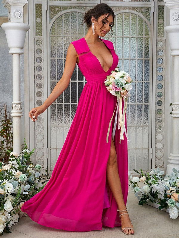 Wholesa A-Line/Princess Chiffon Ruffles V-neck Sleeveless Floor-Length Bridesmaid Dresses