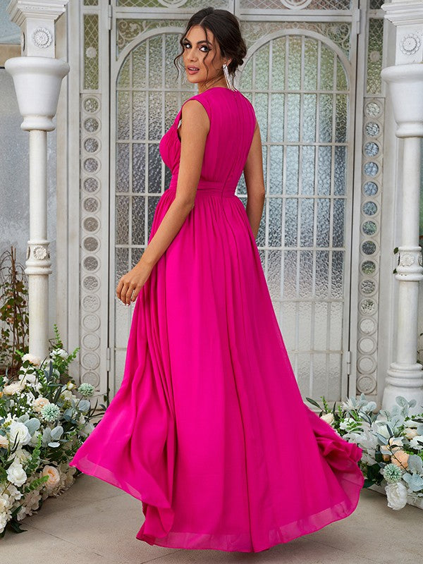 Wholesa A-Line/Princess Chiffon Ruffles V-neck Sleeveless Floor-Length Bridesmaid Dresses