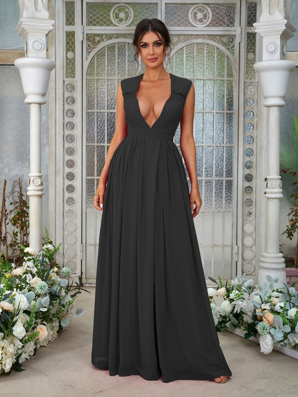 Wholesa A-Line/Princess Chiffon Ruffles V-neck Sleeveless Floor-Length Bridesmaid Dresses