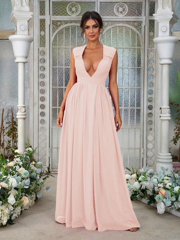 Wholesa A-Line/Princess Chiffon Ruffles V-neck Sleeveless Floor-Length Bridesmaid Dresses