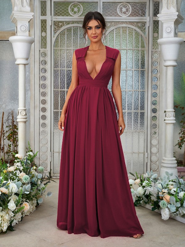 Wholesa A-Line/Princess Chiffon Ruffles V-neck Sleeveless Floor-Length Bridesmaid Dresses