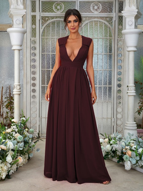 Wholesa A-Line/Princess Chiffon Ruffles V-neck Sleeveless Floor-Length Bridesmaid Dresses