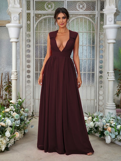 Wholesa A-Line/Princess Chiffon Ruffles V-neck Sleeveless Floor-Length Bridesmaid Dresses