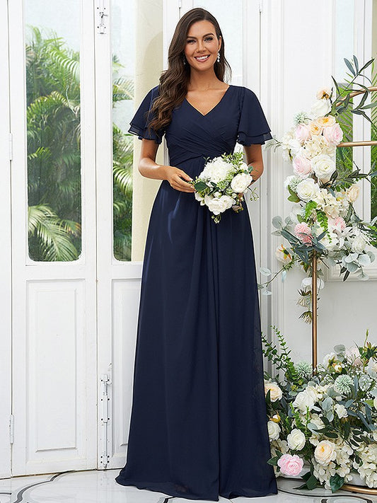 Wholesa A-Line/Princess Chiffon Ruffles V-neck Short Sleeves Floor-Length Bridesmaid Dresses