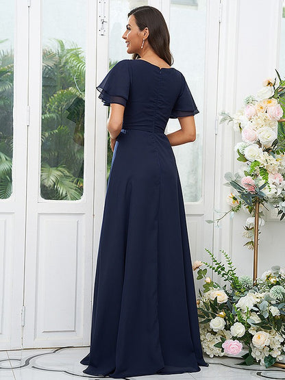 Wholesa A-Line/Princess Chiffon Ruffles V-neck Short Sleeves Floor-Length Bridesmaid Dresses