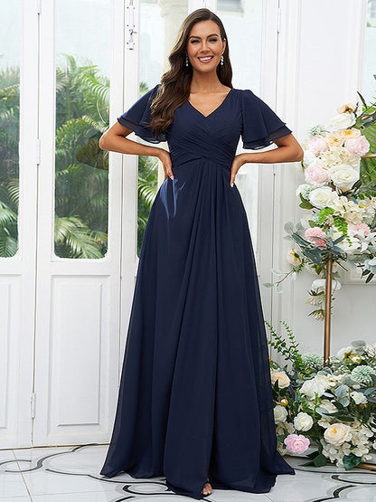 Wholesa A-Line/Princess Chiffon Ruffles V-neck Short Sleeves Floor-Length Bridesmaid Dresses