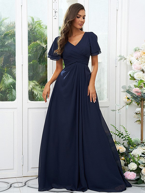 Wholesa A-Line/Princess Chiffon Ruffles V-neck Short Sleeves Floor-Length Bridesmaid Dresses