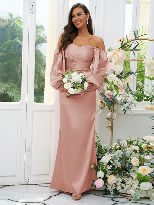 Wholesa Sheath/Column Silk like Satin Ruched Off-the-Shoulder Long Sleeves Floor-Length Bridesmaid Dresses