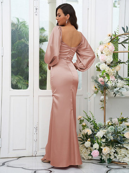 Wholesa Sheath/Column Silk like Satin Ruched Off-the-Shoulder Long Sleeves Floor-Length Bridesmaid Dresses