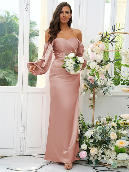 Wholesa Sheath/Column Silk like Satin Ruched Off-the-Shoulder Long Sleeves Floor-Length Bridesmaid Dresses