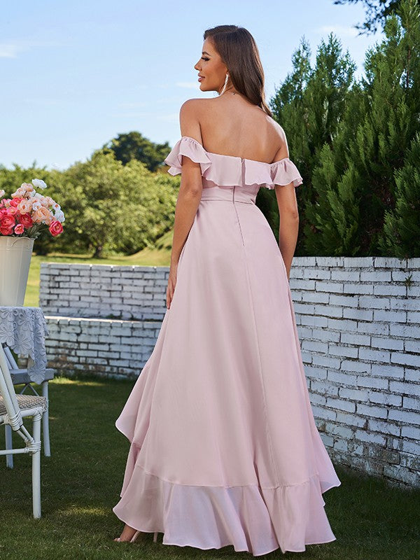 Wholesa A-Line/Princess Chiffon Ruffles Off-The-Shoulder Sleeveless Asymmetrical Bridesmaid Dresses