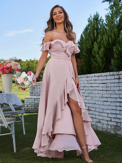 Wholesa A-Line/Princess Chiffon Ruffles Off-The-Shoulder Sleeveless Asymmetrical Bridesmaid Dresses