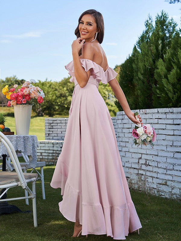 Wholesa A-Line/Princess Chiffon Ruffles Off-The-Shoulder Sleeveless Asymmetrical Bridesmaid Dresses