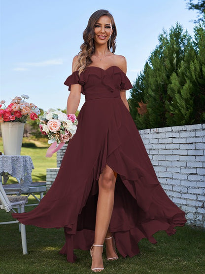 Wholesa A-Line/Princess Chiffon Ruffles Off-The-Shoulder Sleeveless Asymmetrical Bridesmaid Dresses