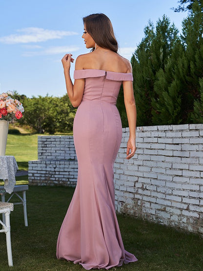 Wholesa Sheath/Column Chiffon Ruched Off-the-Shoulder Sleeveless Sweep/Brush Train Bridesmaid Dresses