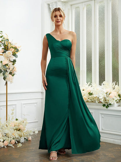 Wholesa Sheath/Column Woven Satin Ruched One-Shoulder Sleeveless Floor-Length Bridesmaid Dresses