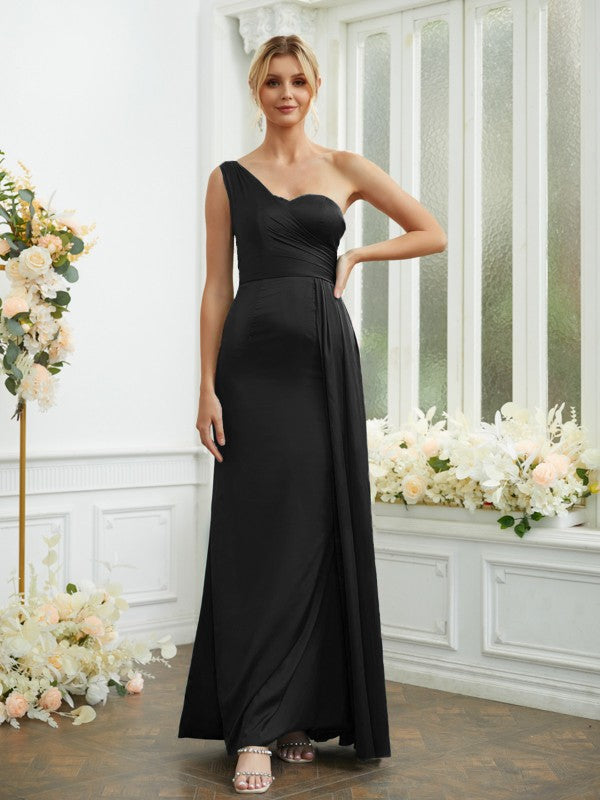 Wholesa Sheath/Column Woven Satin Ruched One-Shoulder Sleeveless Floor-Length Bridesmaid Dresses