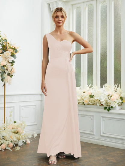 Wholesa Sheath/Column Woven Satin Ruched One-Shoulder Sleeveless Floor-Length Bridesmaid Dresses