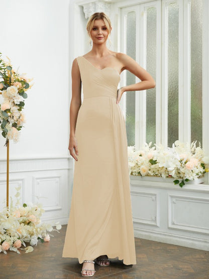 Wholesa Sheath/Column Woven Satin Ruched One-Shoulder Sleeveless Floor-Length Bridesmaid Dresses