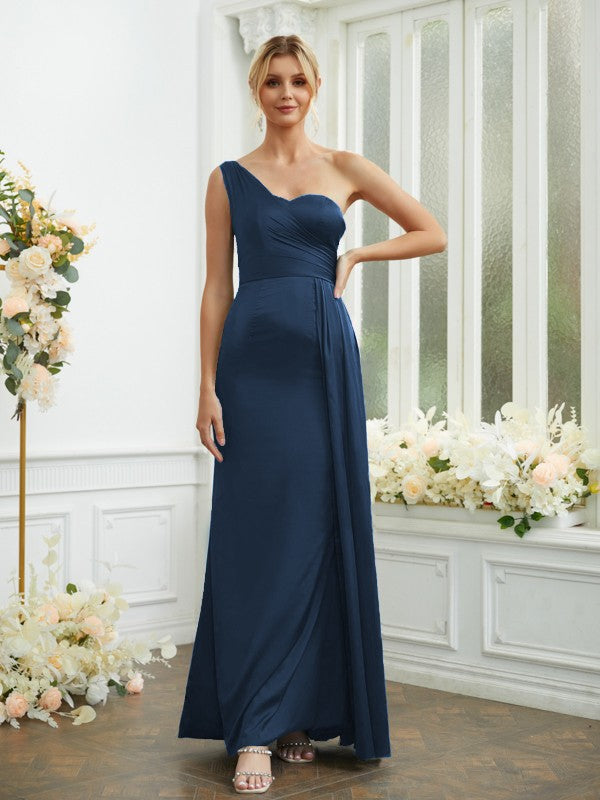 Wholesa Sheath/Column Woven Satin Ruched One-Shoulder Sleeveless Floor-Length Bridesmaid Dresses