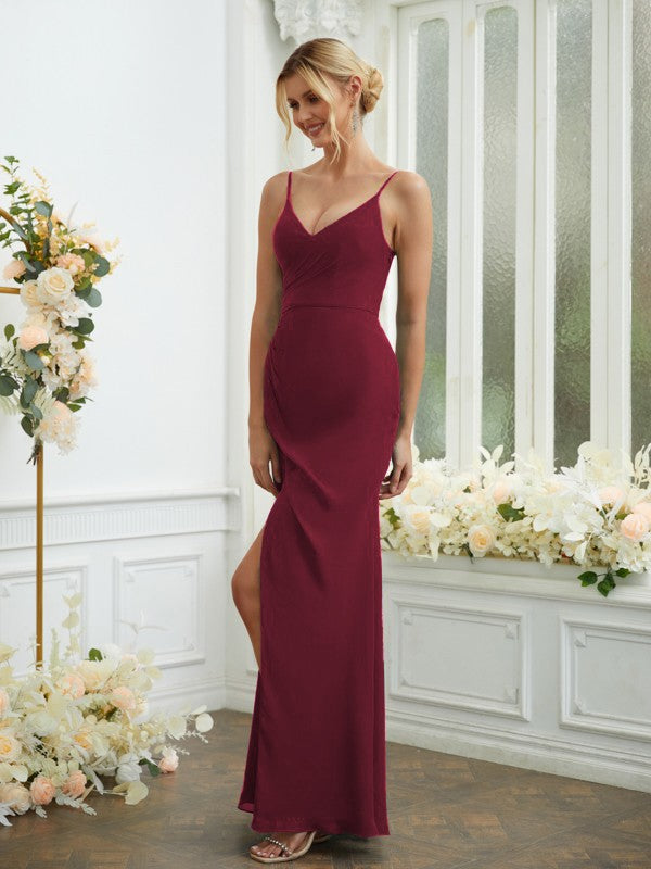 Wholesa Sheath/Column Chiffon Ruched V-neck Sleeveless Floor-Length Bridesmaid Dresses