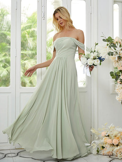 Wholesa A-Line/Princess Chiffon Ruched Off-the-Shoulder Sleeveless Floor-Length Bridesmaid Dresses