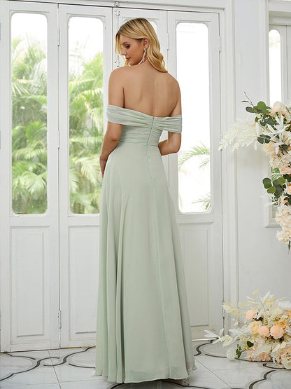 Wholesa A-Line/Princess Chiffon Ruched Off-the-Shoulder Sleeveless Floor-Length Bridesmaid Dresses